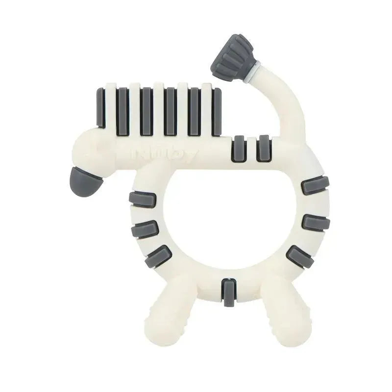 Teether toy featuring a giraffe design with textured surfaces for grip and soothing during teething.