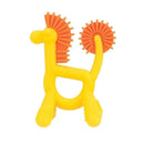 Bright yellow and orange Nuby toy shaped like a giraffe, featuring textured surfaces for teething and play.