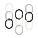 Nuby 18Pk Linkables teething toys in black, grey, and white featuring textured links for baby teething.