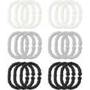 Eighteen Nuby Linkables teething toys in black, gray, and white, featuring textured rings for infants to chew on.