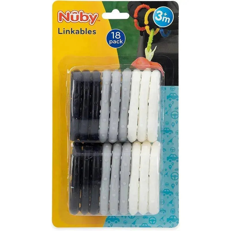 Nuby Linkables teething toys, 18-pack in black, grey, and white, designed for infants 3 months and older.