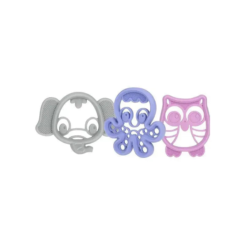 Three colorful silicone teethers shaped like an elephant, octopus, and owl, designed for infants to help soothe gums.