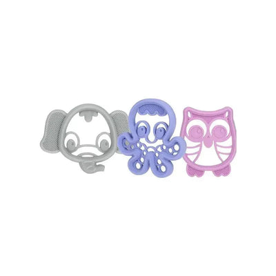 Three colorful silicone teethers shaped like an elephant, octopus, and owl, designed for infants to help soothe gums.