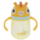 Nuby Clik-It 360 Flip-It Cup featuring a giraffe design, with a thin weighted straw and easy-grip handles.