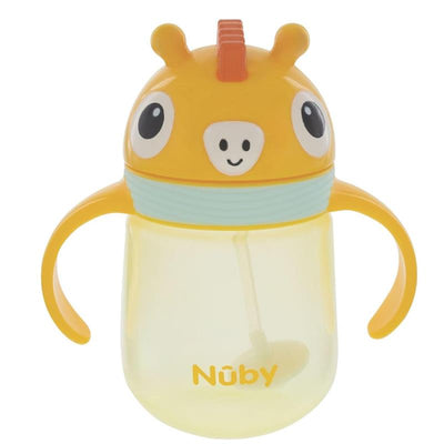 Nuby Clik-It 360 Flip-It Cup featuring a giraffe design, with a thin weighted straw and easy-grip handles.