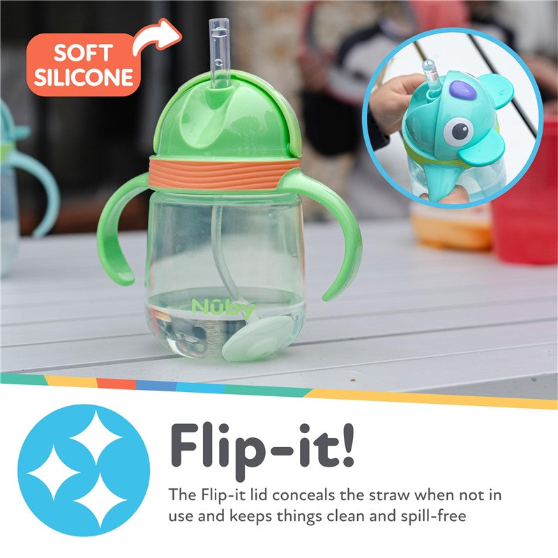 Nuby 1Pk Clik-It 360 Flip-It Cup features a soft green lid with a weighted straw, ideal for spill-free drinking.