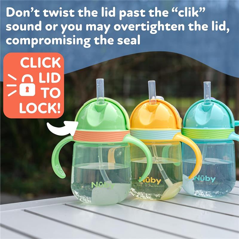 Nuby 1Pk Clik-It 360 Flip-It Cup with thin weighted straw in green, yellow, and blue, demonstrating locking feature instructions.