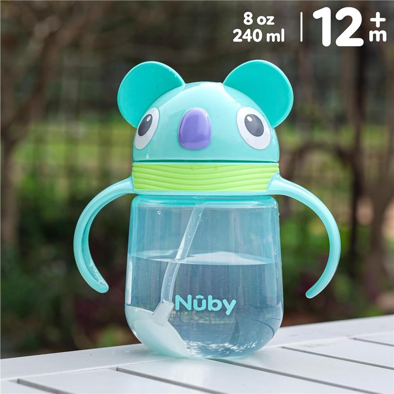 Nuby 360 Flip-It Cup with koala design, 8 oz capacity, features a thin weighted straw and easy-grip handles.