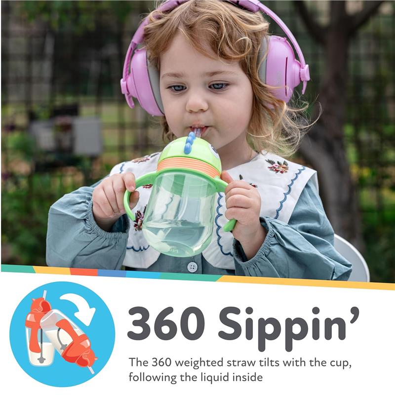 Child sipping from a green Nuby Clik-It 360 Flip-It Cup with a thin weighted straw, wearing pink headphones.