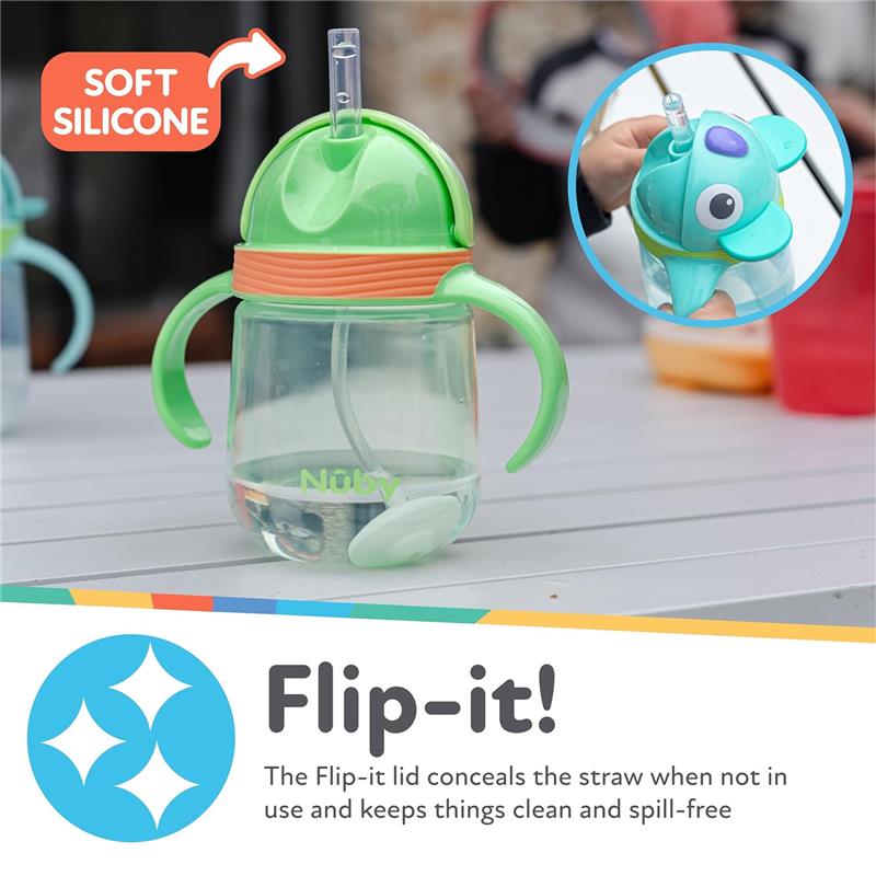 Nuby 1Pk Clik-It 360 Flip-It Cup features a clear body, green soft silicone lid, thin straw, and handles; designed for spill-free use.