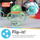 Nuby 1Pk Clik-It 360 Flip-It Cup features a clear body, green soft silicone lid, thin straw, and handles; designed for spill-free use.