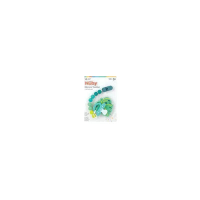 Nuby Silicone Teether with Silicone Bead Pacifinder, featuring colorful beads and a leafy design, suitable for ages 3 months and up.