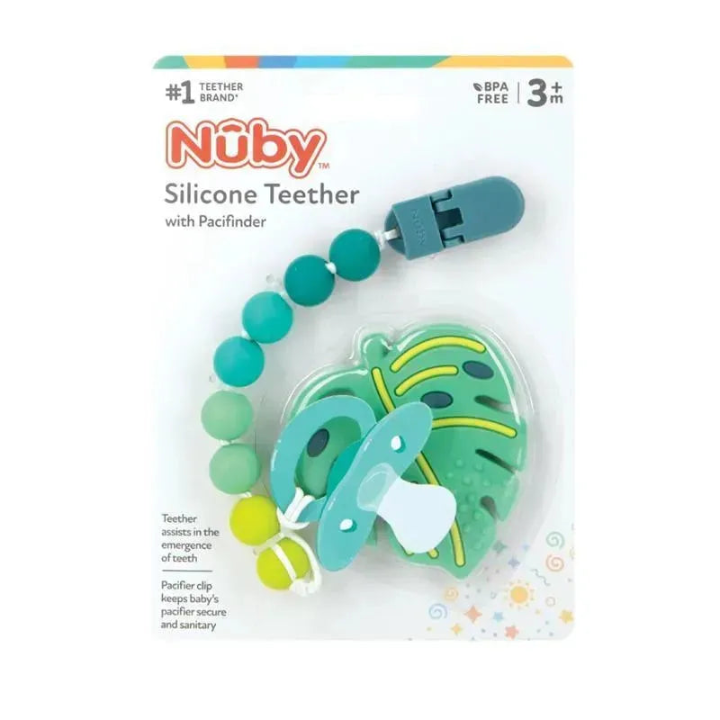 Nuby silicone teether with pacifier clip, featuring green leaf design and colorful silicone beads, BPA-free, for ages 3 months and up.