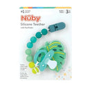 Nuby silicone teether with pacifier clip, featuring green leaf design and colorful silicone beads, BPA-free, for ages 3 months and up.