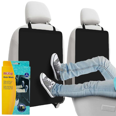 Nuby 2 pack kick mats in black, protecting car seats from dirt and scuff marks, shown with feet resting on mats.