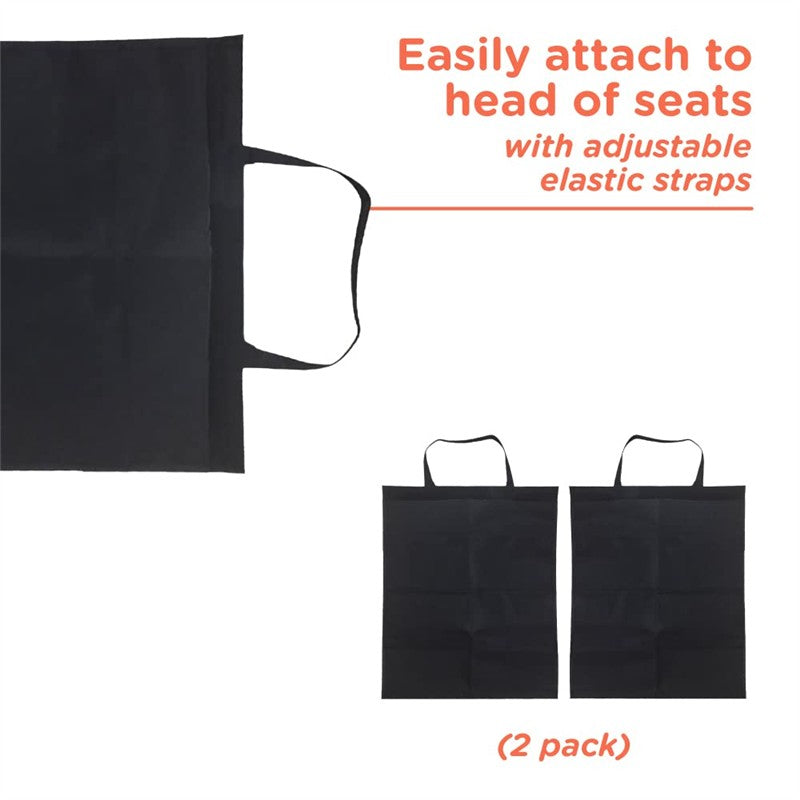 Black kick mats in a two-pack design with adjustable elastic straps for easy attachment to car seat backs.