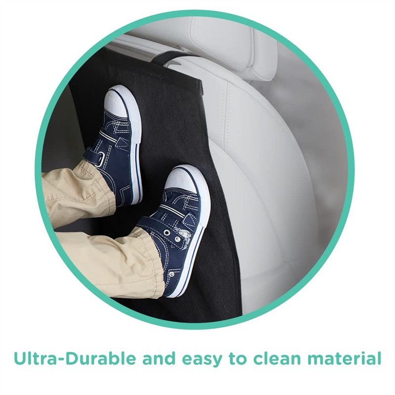 Two black kick mats attached to a car seat, with navy shoes resting against them; features a text highlight on durability.
