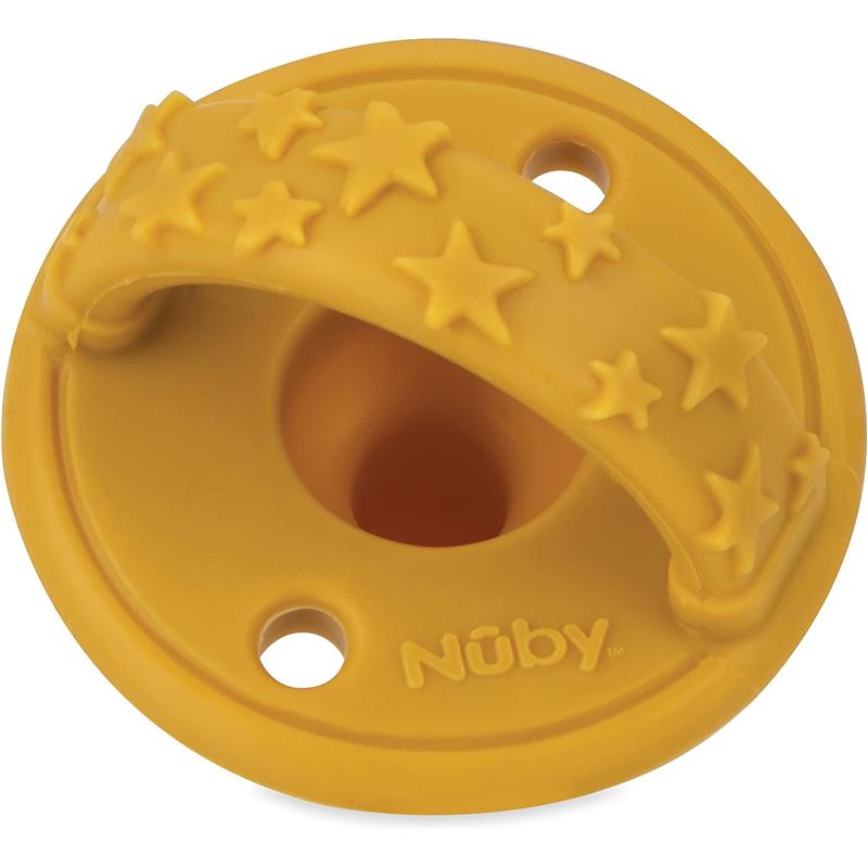 Silicone pacifier with a star-patterned handle, designed for infants 0 months and up, by Nuby.
