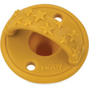 Silicone pacifier with a star-patterned handle, designed for infants 0 months and up, by Nuby.