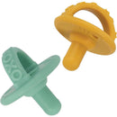 Two Nuby silicone pacifiers in green and yellow, designed for infants 0 months and older, with textured surfaces.