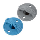 Two Nuby 3D silicone pacifiers in blue and gray, featuring playful design elements like a mustache and rocket.