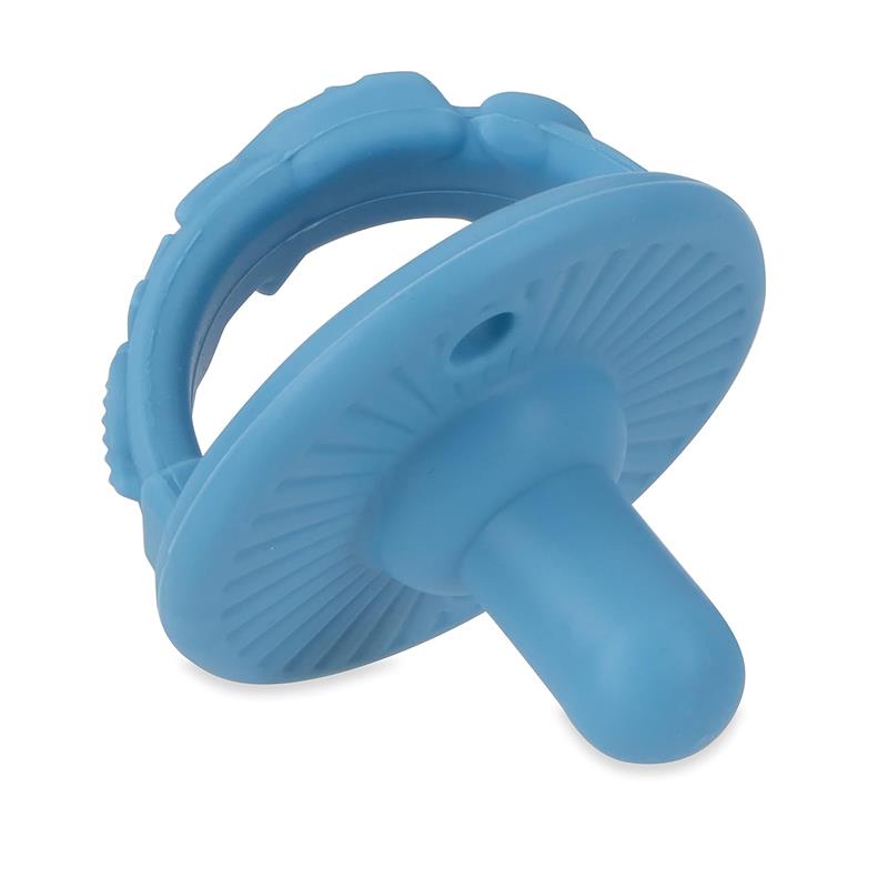 Light blue silicone pacifier with a cherry-shaped baglet, designed for infants 0 months and older.