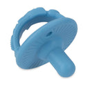 Light blue silicone pacifier with a cherry-shaped baglet, designed for infants 0 months and older.