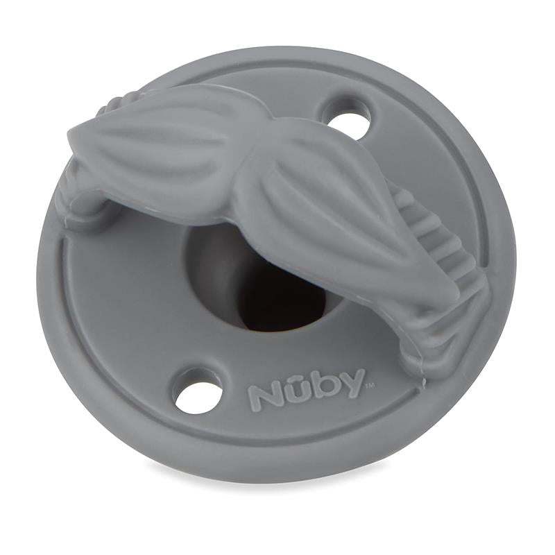 Silicone pacifier in gray with a cherry-shaped baglet, designed for infants aged 0 months and older.