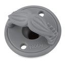 Silicone pacifier in gray with a cherry-shaped baglet, designed for infants aged 0 months and older.