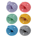 Six colorful silicone pacifiers from Nuby featuring various designs, including bows, flowers, and stars, suitable for infants 0M+.