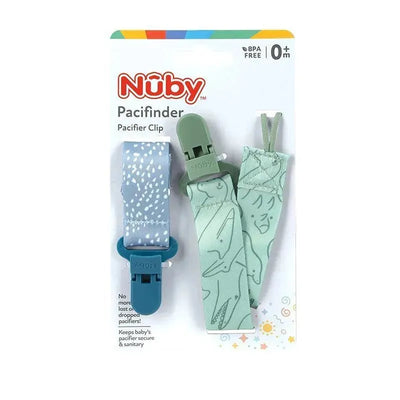Two fabric pacifier clips in blue dots and green dinosaur patterns, featuring plastic clips, securely attach pacifiers.