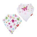 Two Nuby bandana bibs featuring colorful floral and butterfly patterns, designed for absorbency and comfort.