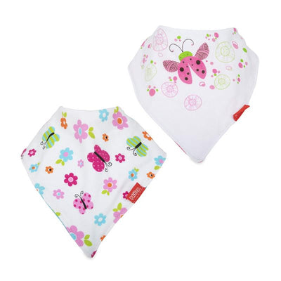 Two Nuby bandana bibs featuring colorful floral and butterfly patterns, designed for absorbency and comfort.