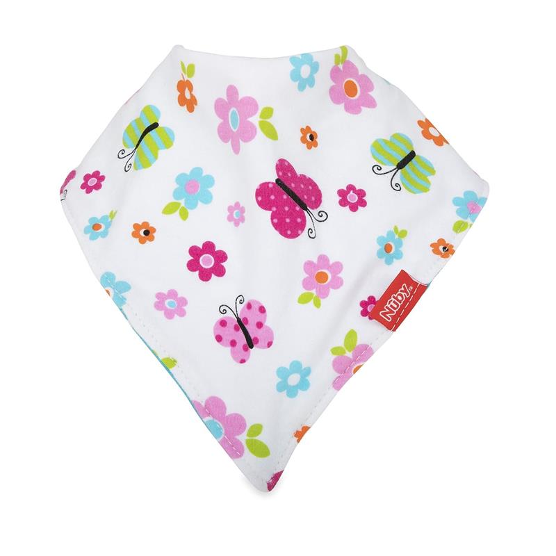 Nuby Dribble Catcher Bandana Bib featuring colorful butterflies and flowers on a white background, designed for girls.