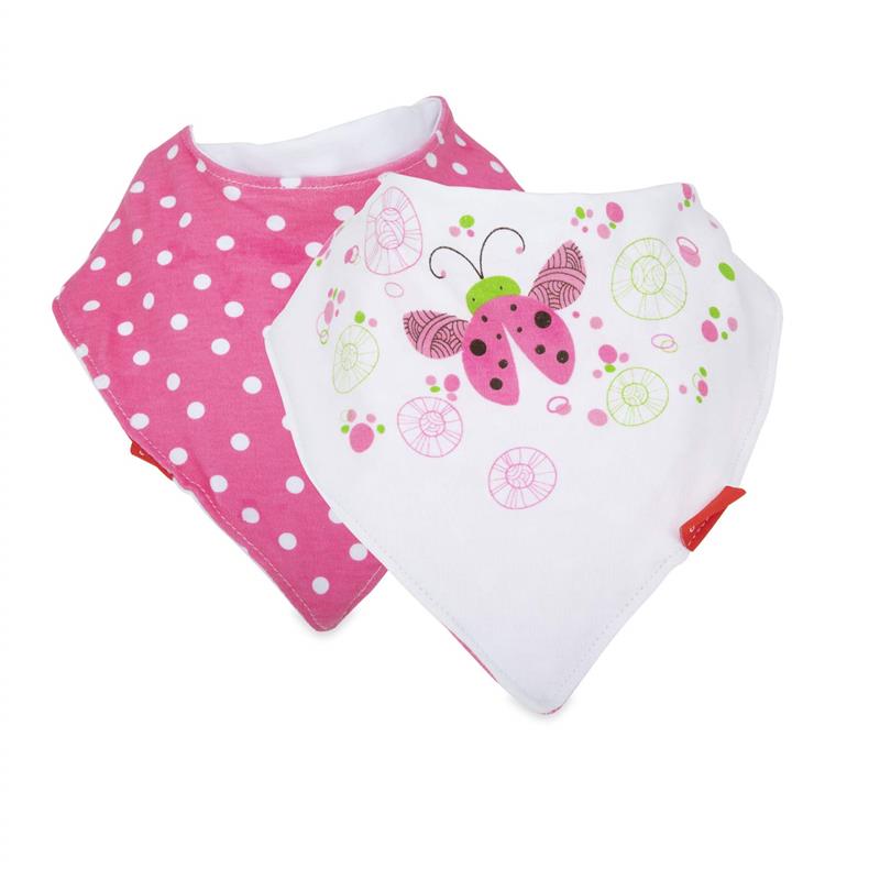 Two Nuby bandana bibs for girls, one pink with white polka dots and the other with a butterfly design.