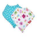 Nuby 2Pk Dribble Catcher Bandana Bibs featuring a blue polka dot design and a white floral/butterfly pattern, soft and absorbent.