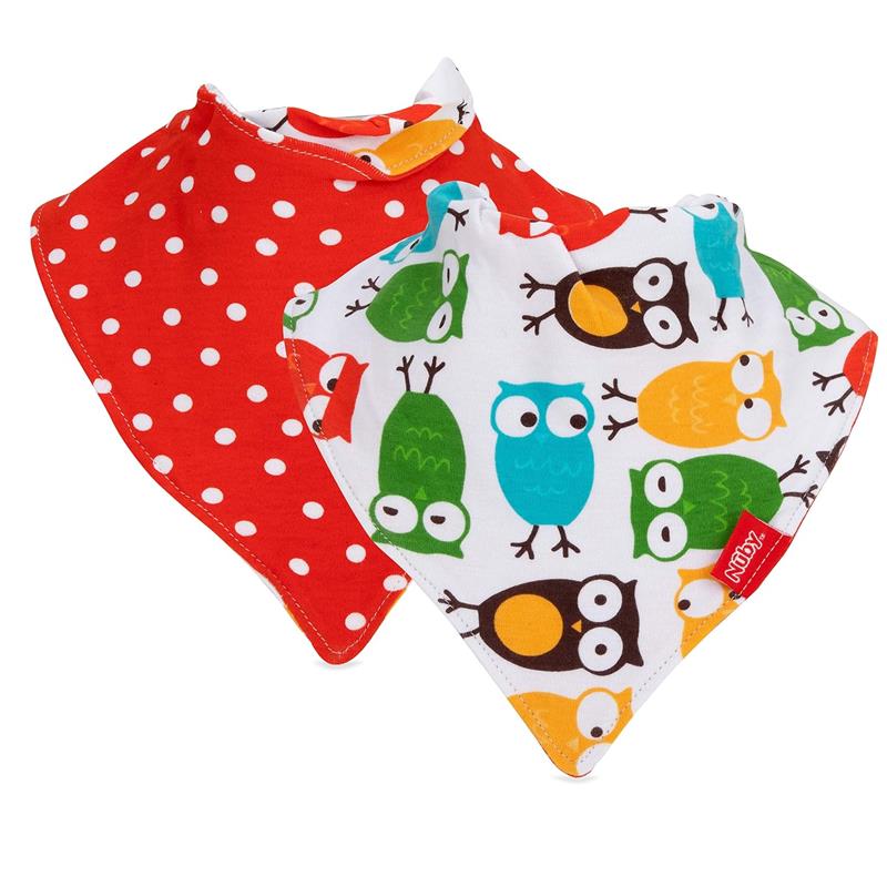 Two Nuby bandana bibs in red with white polka dots and a colorful owl design, featuring a soft neckline for comfort.