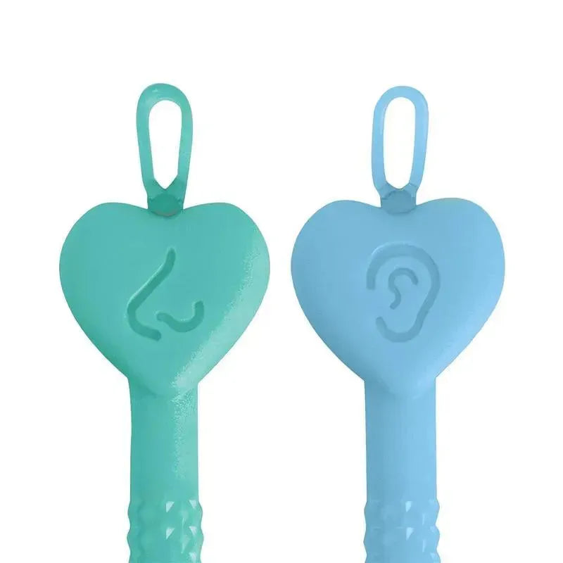 Ear and nose cleaner tools in blue and green with heart-shaped handles, designed for children.