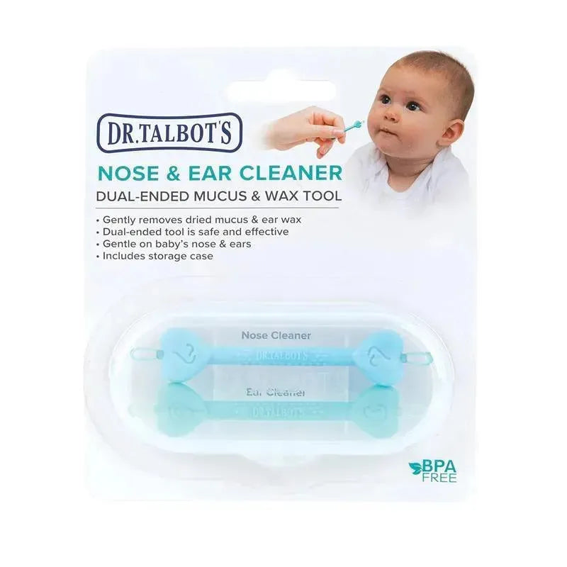 Dual-ended baby nose and ear cleaner in a case, labeled with “Nose Cleaner” and “Ear Cleaner,” safe for delicate use.
