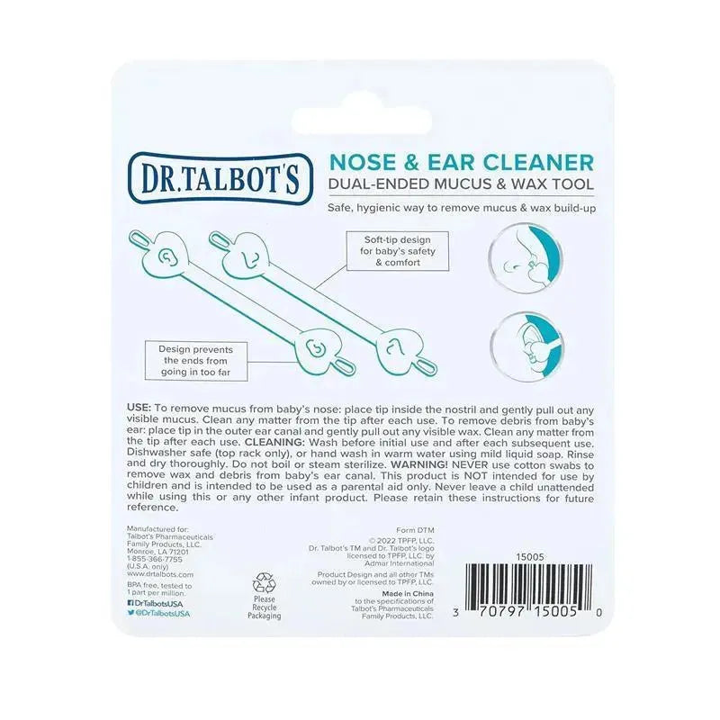 Dual-ended nose and ear cleaner for infants with soft tips, includes usage instructions and safety warnings.