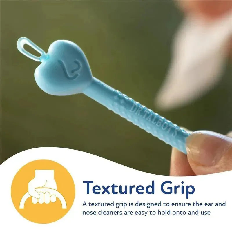 Blue ear and nose cleaner with heart-shaped grip, highlighting its textured design for easy handling and use.
