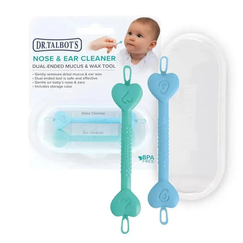 Dual-ended nose and ear cleaner tool set in turquoise, designed for babies, with a storage case included.
