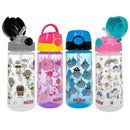Two-pack of Nuby flip-top water bottles for kids, featuring colorful designs like robots, treats, and sharks.