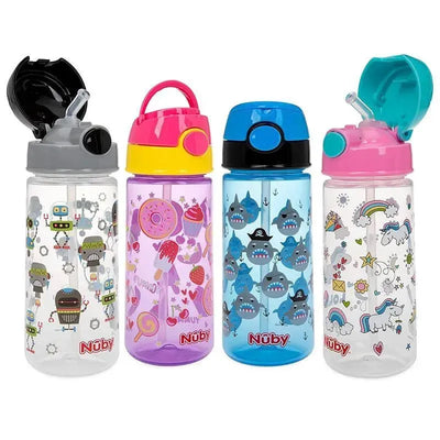 Two-pack of Nuby flip-top water bottles for kids, featuring colorful designs like robots, treats, and sharks.
