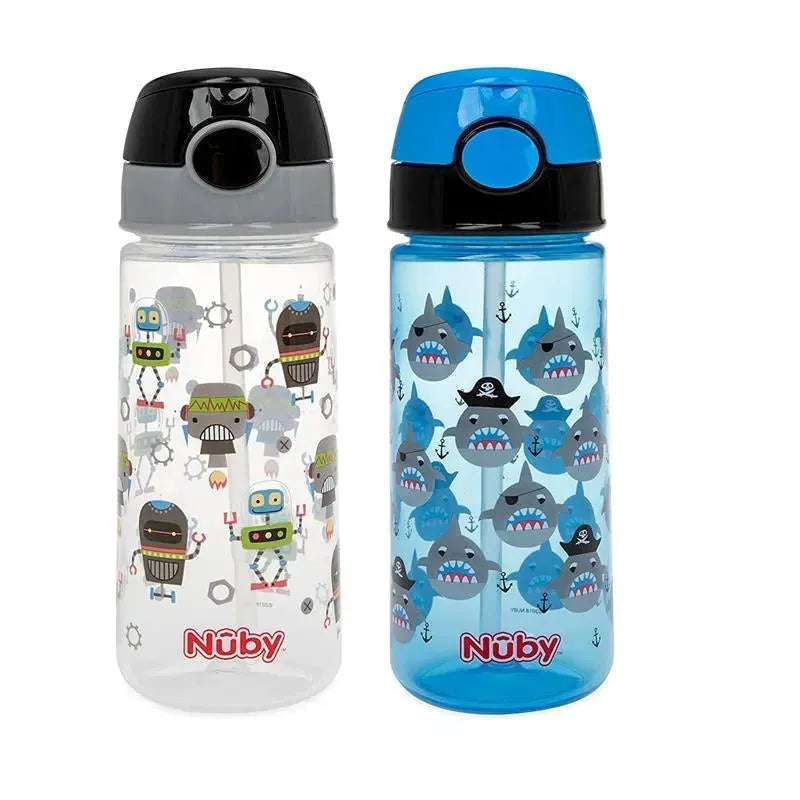 Two Nuby 2Pk Kid’s Printed Flip-it Active Water Bottles, one with robot design, the other with pirate sharks, suitable for kids 18 months+.