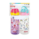Two Nuby Flip-it Active Water Bottles, one purple with cute patterns and one clear with colorful designs, both with flip-top lids.
