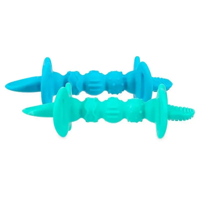 Silicone Dipeez spoons in teal and light blue, designed for baby feeding, featuring textured grips for easy handling.