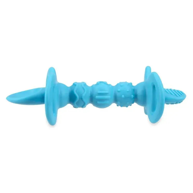 Blue Nuby silicone Dipeez spoon featuring textured grip and pointed scoop for easy feeding. Safe for infants and toddlers.