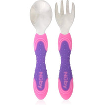 Stainless steel fork and spoon set for children, featuring pink and purple ergonomic handles with grip dots.
