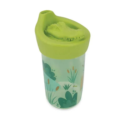 3D alligator character cup by Nuby, featuring a green lid and a clear body with floral and leaf designs.